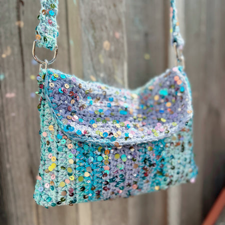 Handmade Cotton Crochet Sequin Crossbody Bag, Sparkly Statement Bag