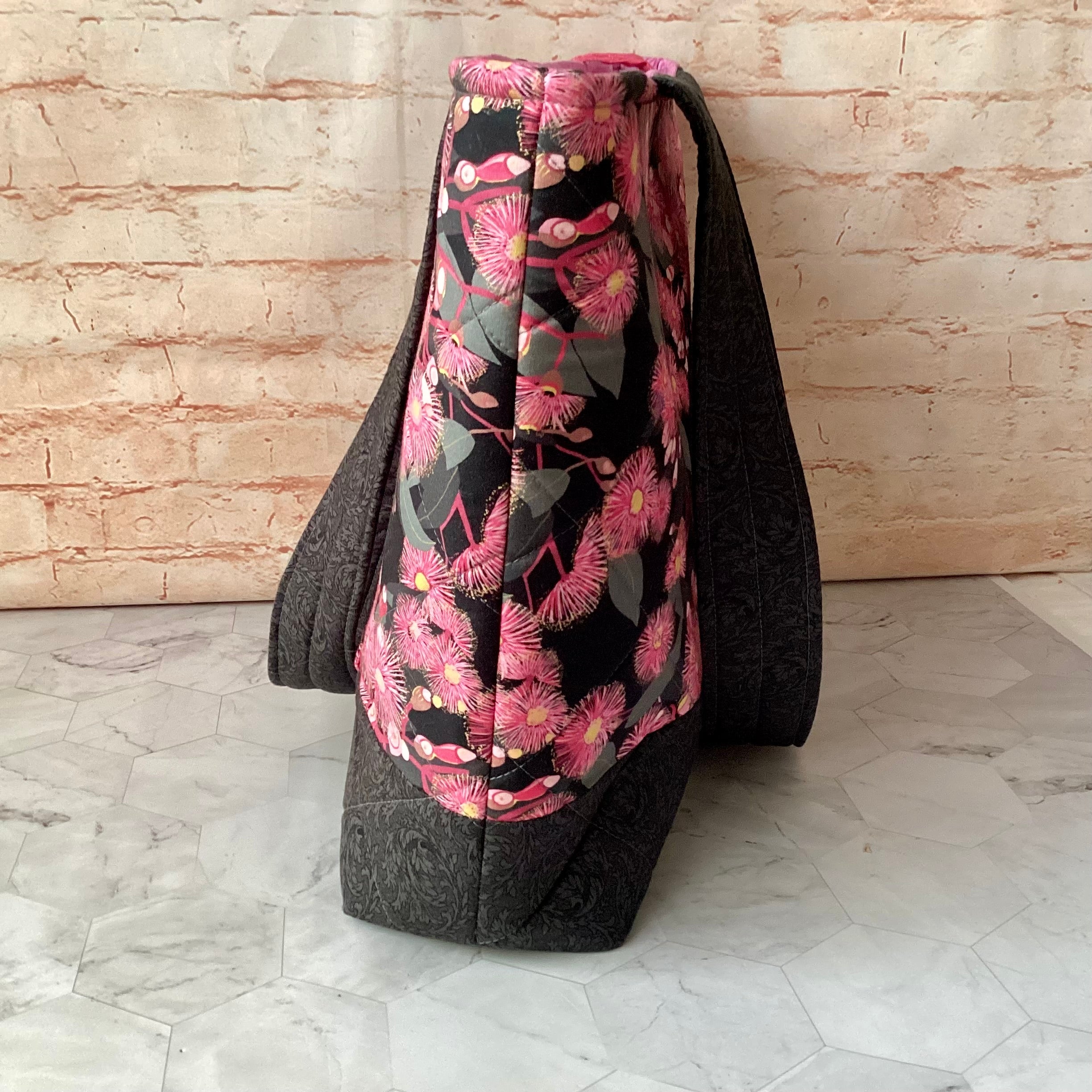 Flowering Gum blossom Floral Tote Bag: Handmade, quilted cotton shoulder bag with pockets