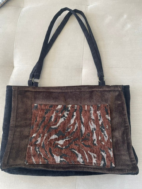 Black & Brown Textured Velvet Animal Print Tote