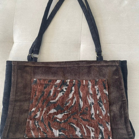 Black & Brown Textured Velvet Animal Print Tote