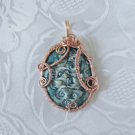 Large Turquoise Ceramic Pendant Wrapped in Rose Gold Wire