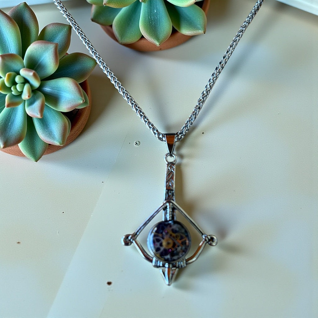 Steampunk watch parts crossbow mens necklace