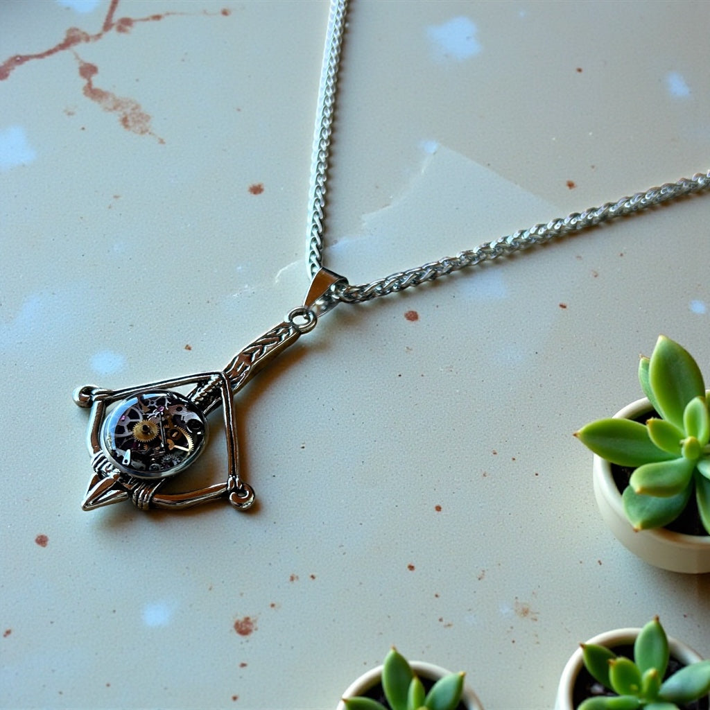 Steampunk watch parts crossbow mens necklace
