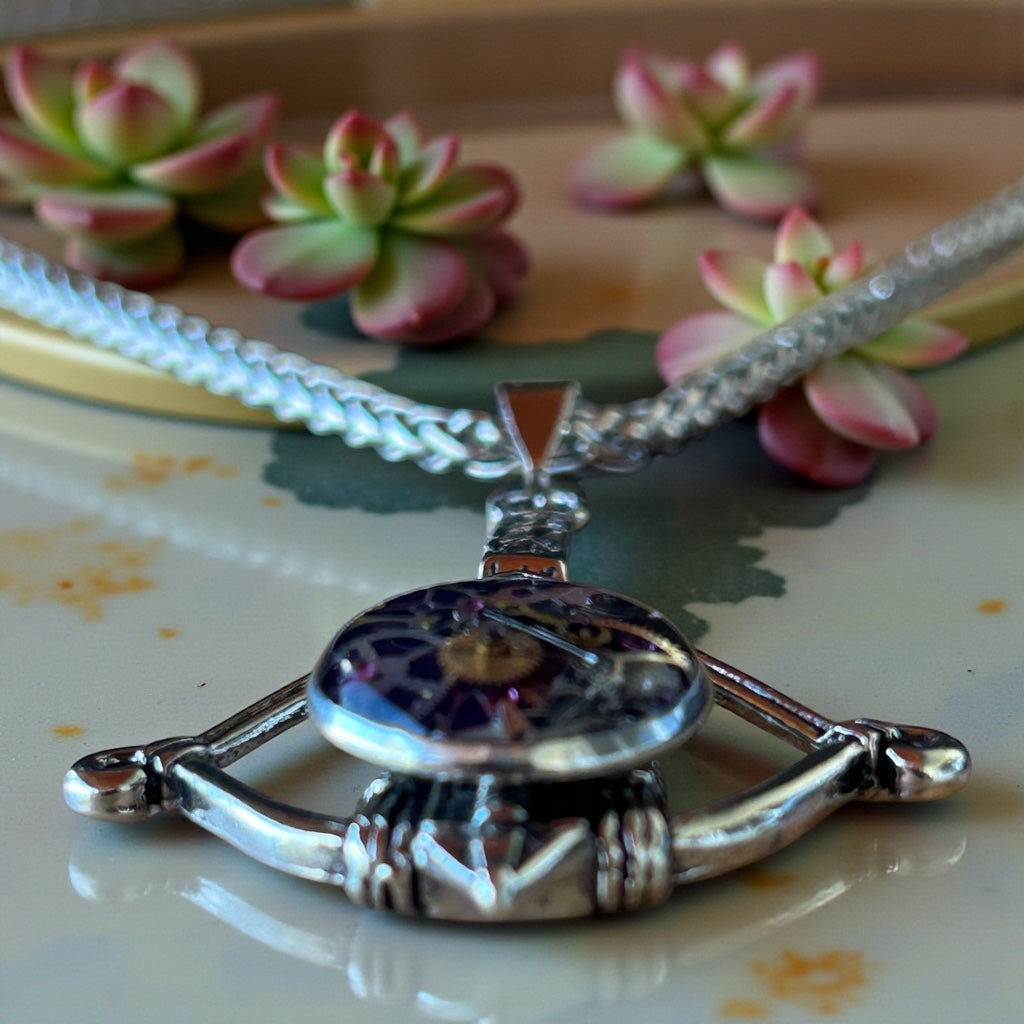 Steampunk watch parts crossbow mens necklace