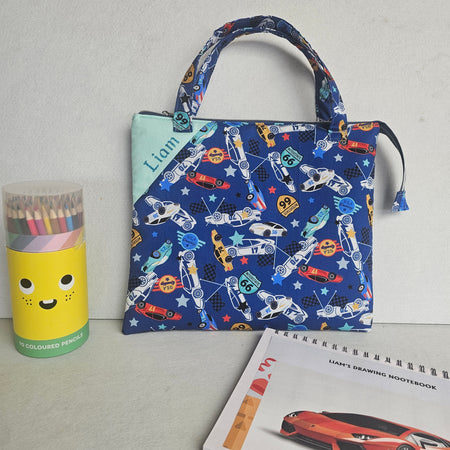 Personalized racing cars inspired library and laptop bag