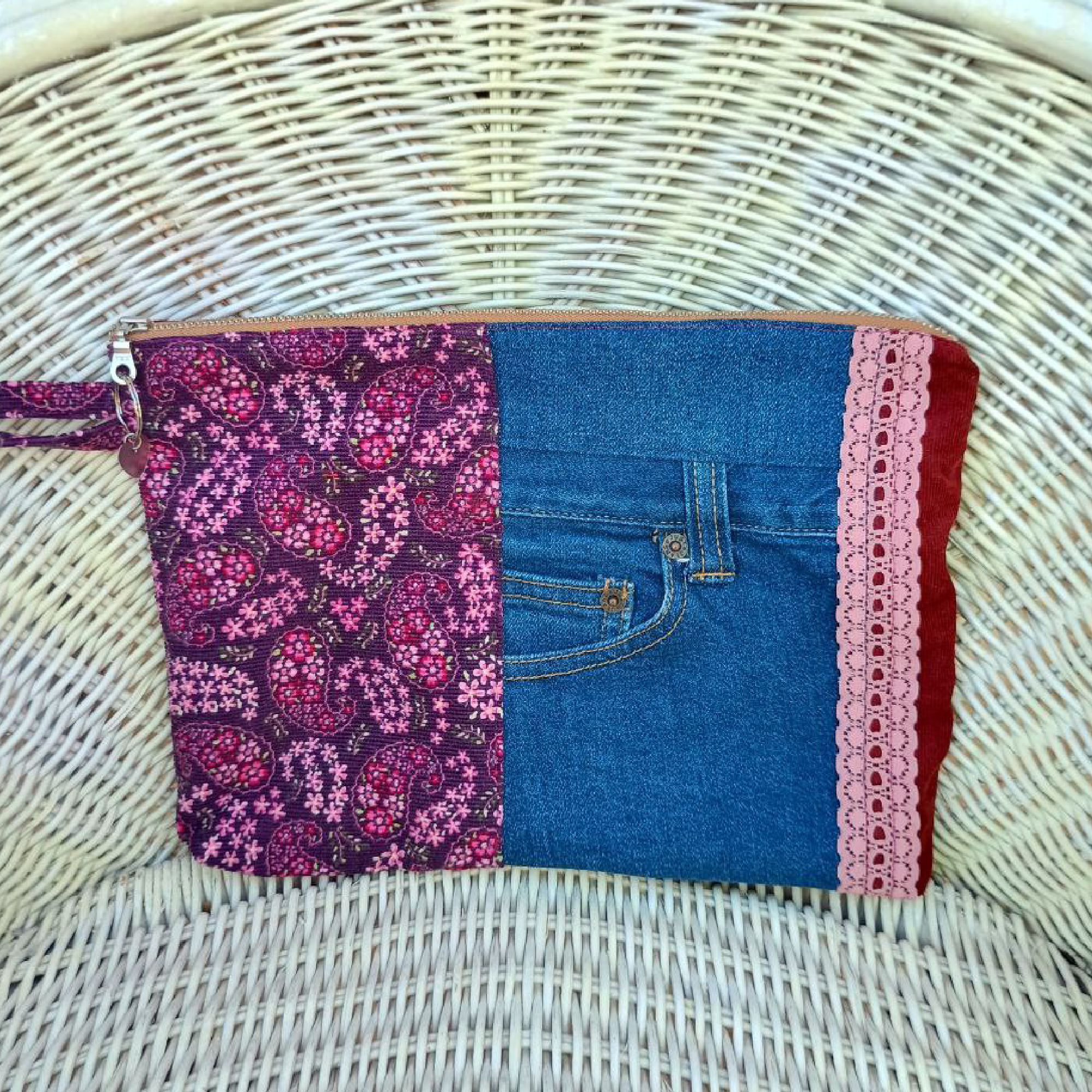 Paisley Pouch Cosmetic Everyday Bag Upcycled Vintage Fabrics & Denim