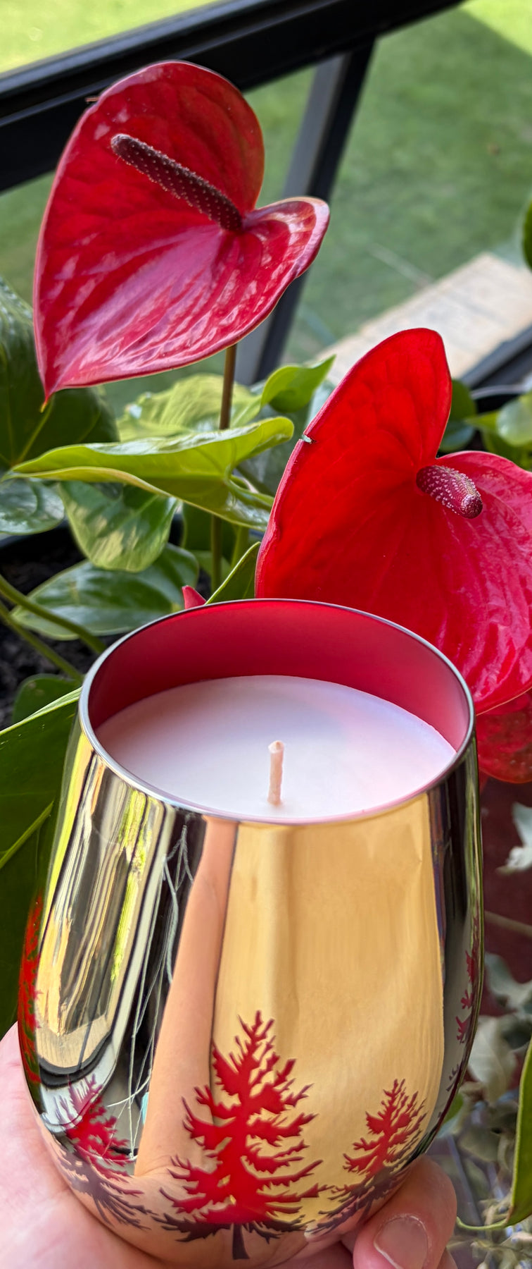 CHRISTMAS -  GOLD RED CHRISTMAS TREES CANDLE GLASS - POURED TO ORDER