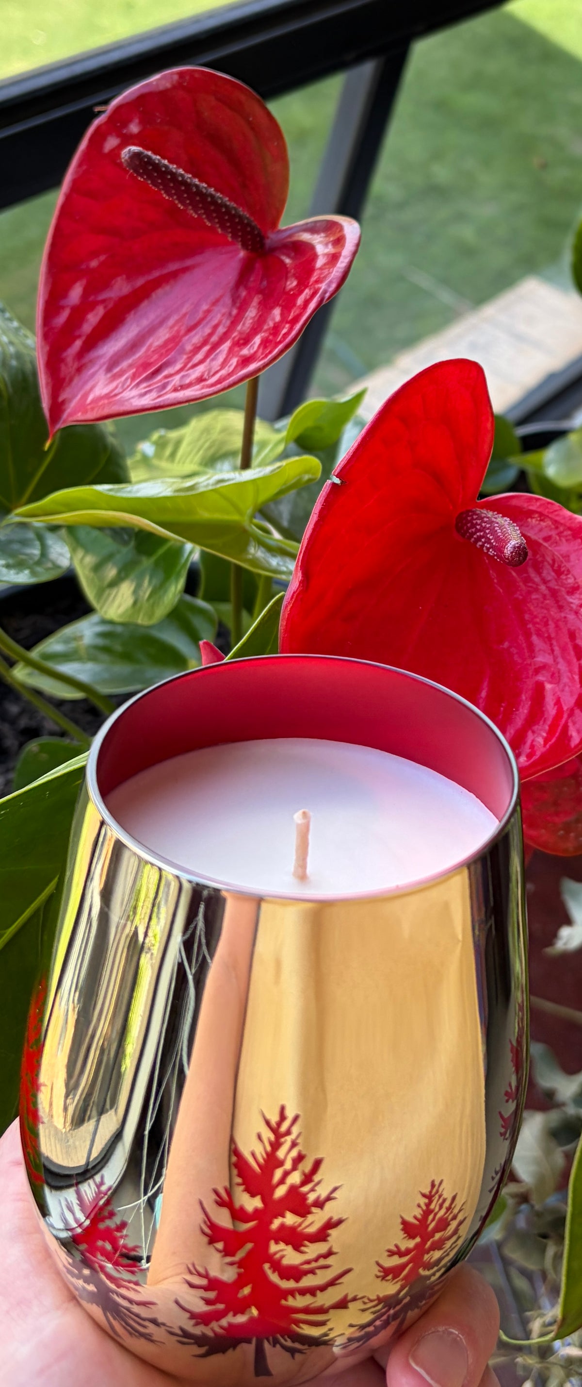 CHRISTMAS -  GOLD RED CHRISTMAS TREES CANDLE GLASS - POURED TO ORDER