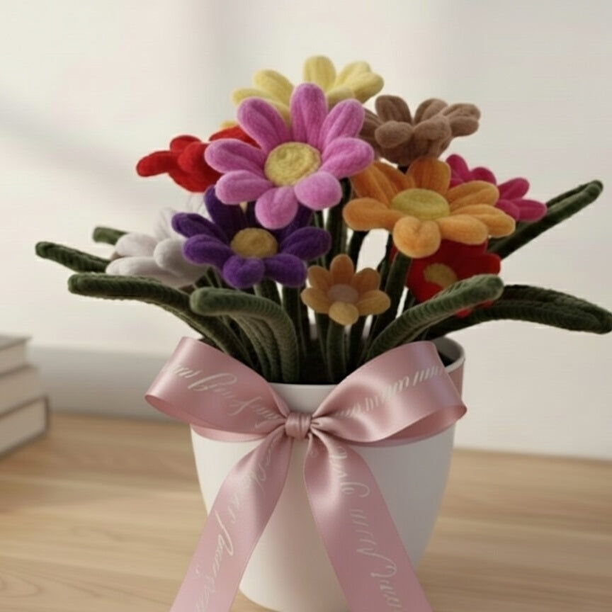 Pipe Cleaner Flower Bouquet in Plastic pot - Everlasting Chenille Daisy Arrangement