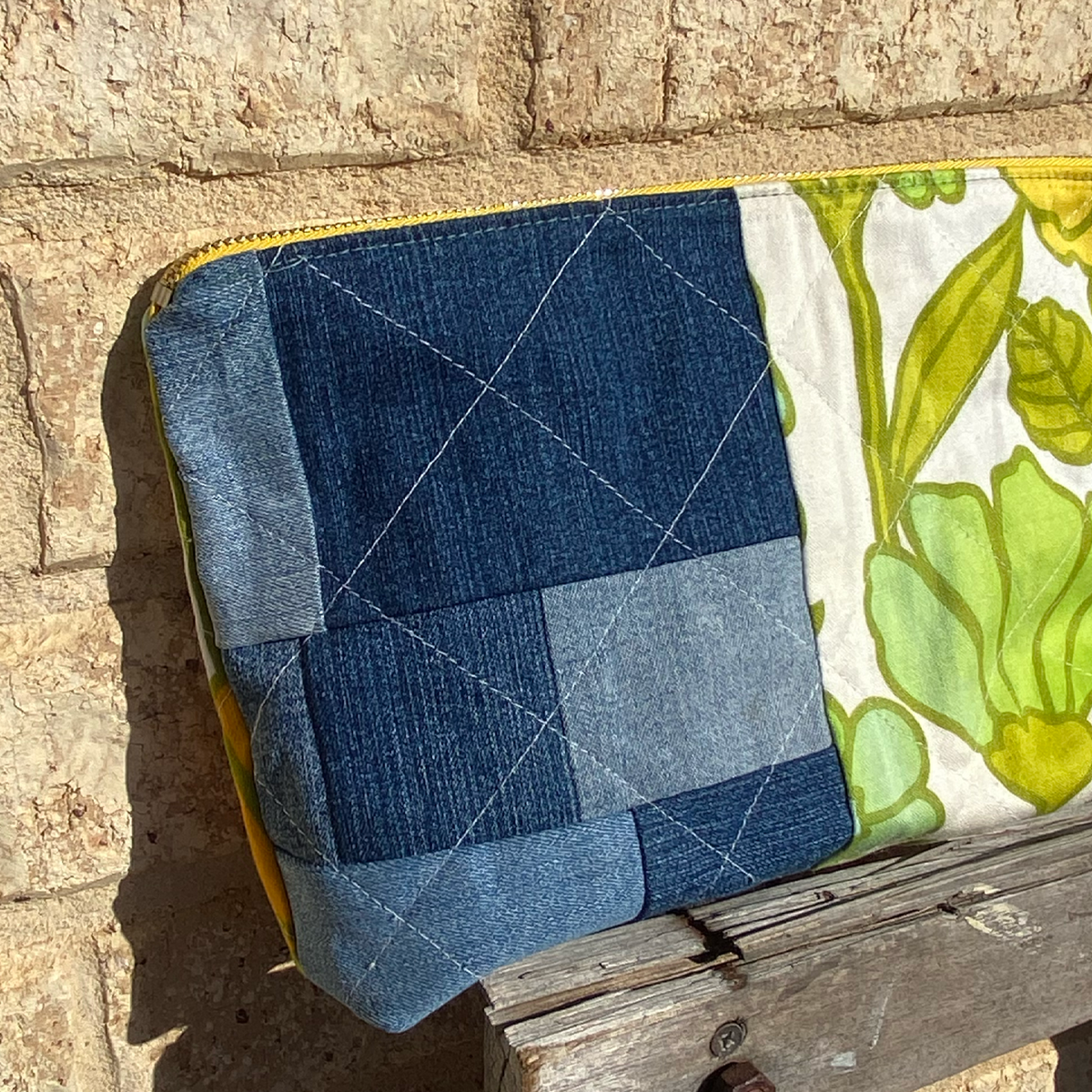 Handmade Pouch Cosmetic Bag Upcycled Vintage Retro Yellow Marigold