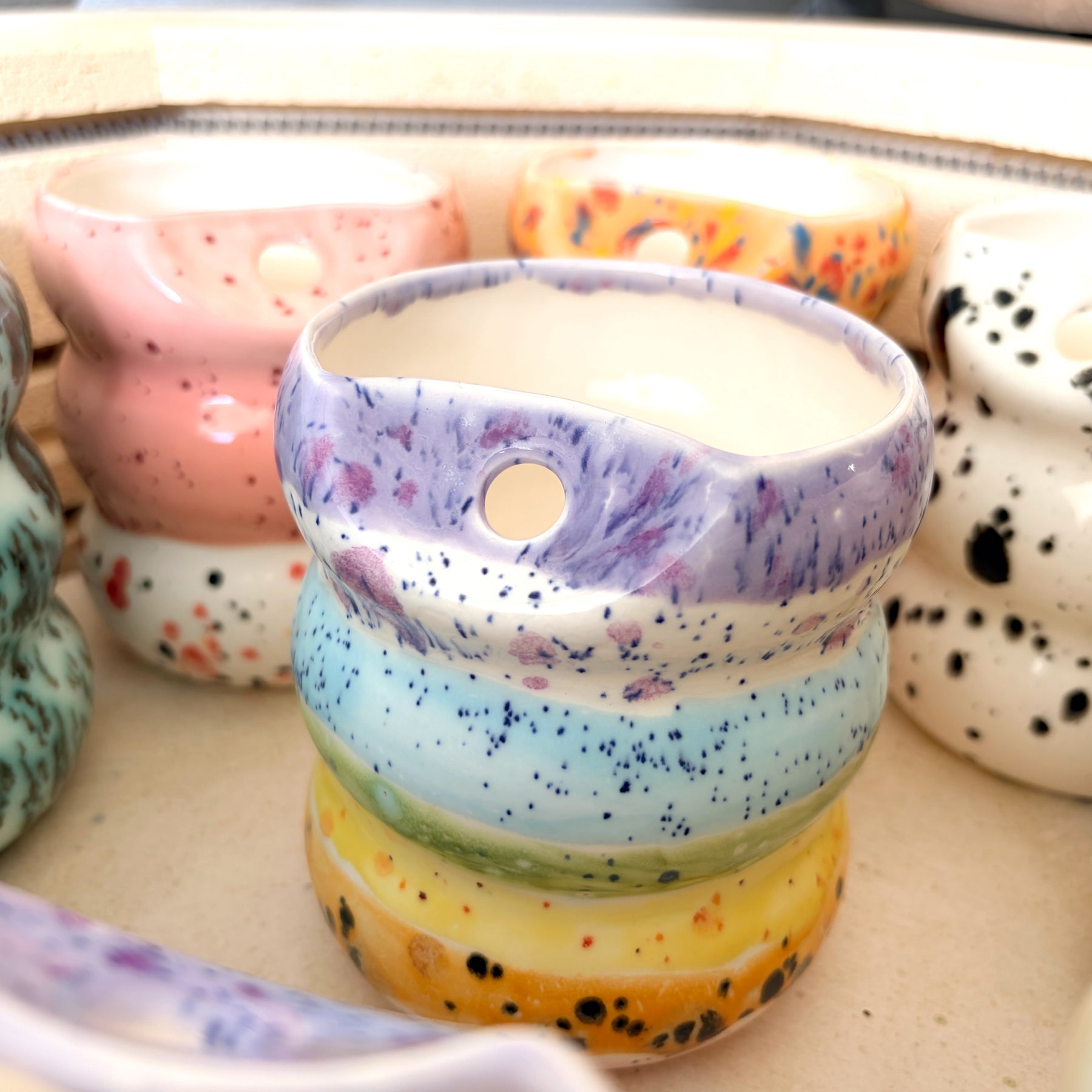 Handcrafted Porcelain Tumbler with Silicon Straw, 600mL Bubble Cup in Rainbow Glaze