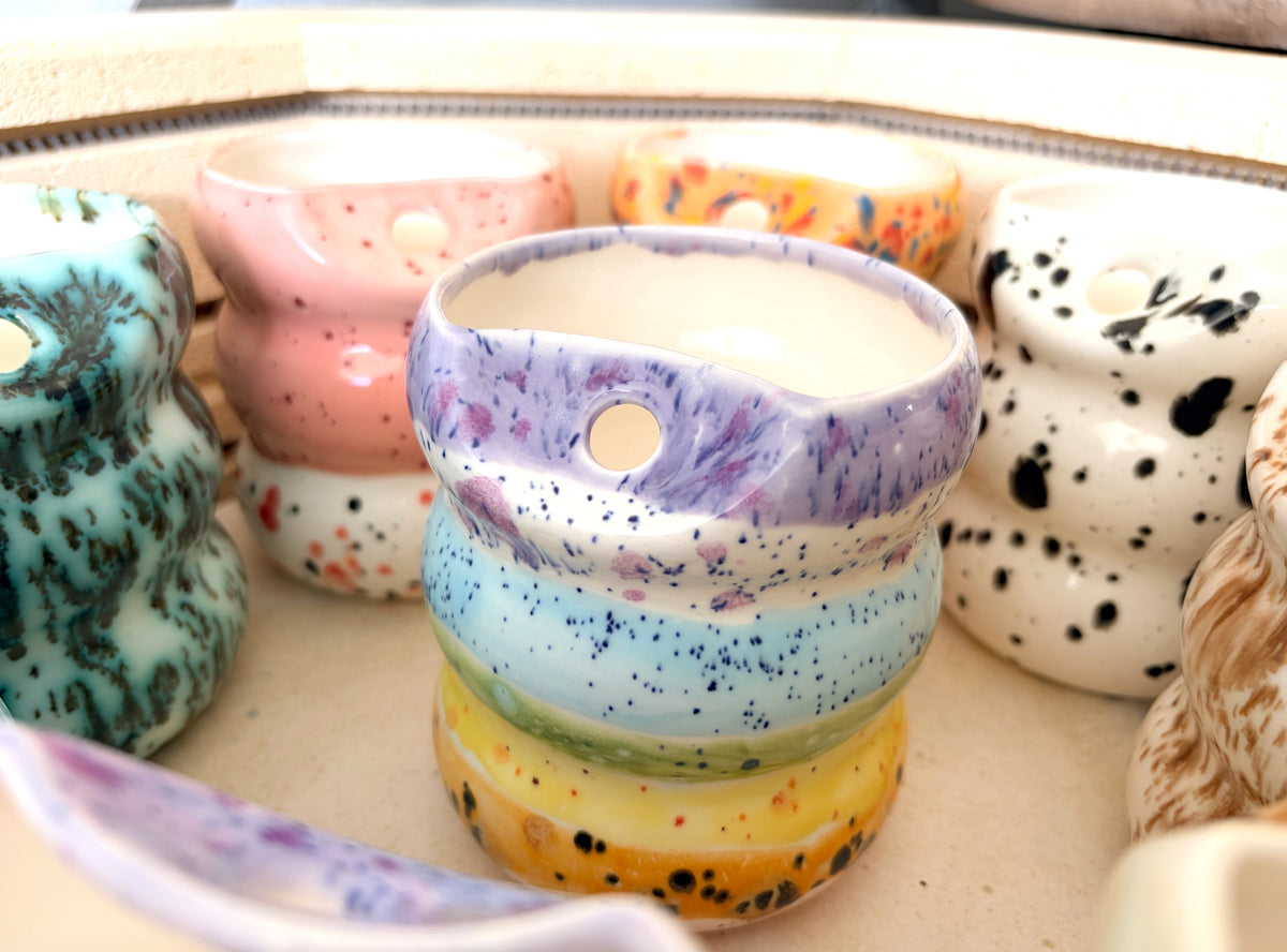 Handcrafted Porcelain Tumbler with Silicon Straw, 600mL Bubble Cup in Rainbow Glaze
