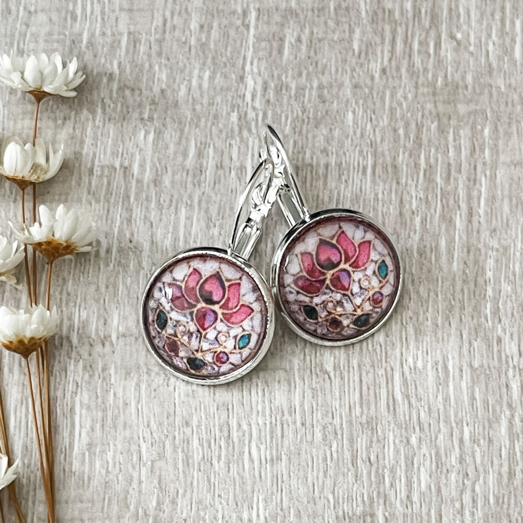 Lotus Flower Design Pendant and Earring Set • Handmade with Paper and Glass Necklace
