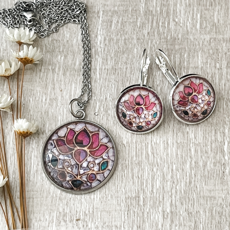 Lotus Flower Design Pendant and Earring Set • Handmade with Paper and Glass Necklace