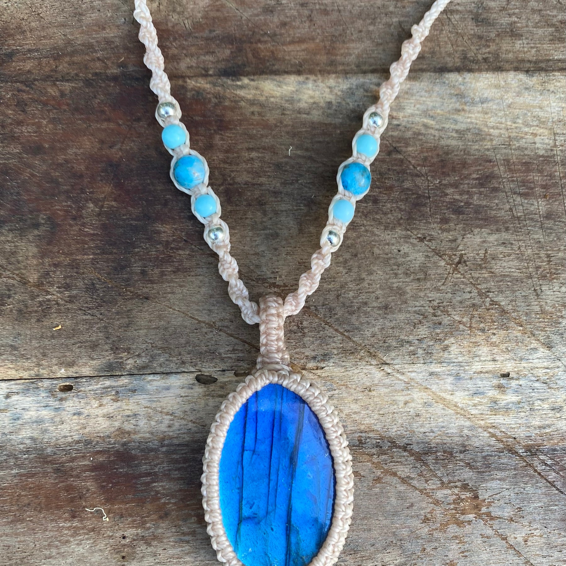 Blue Flash Labradorite Pendant: Beaded Macrame necklace, Adjustable Boho