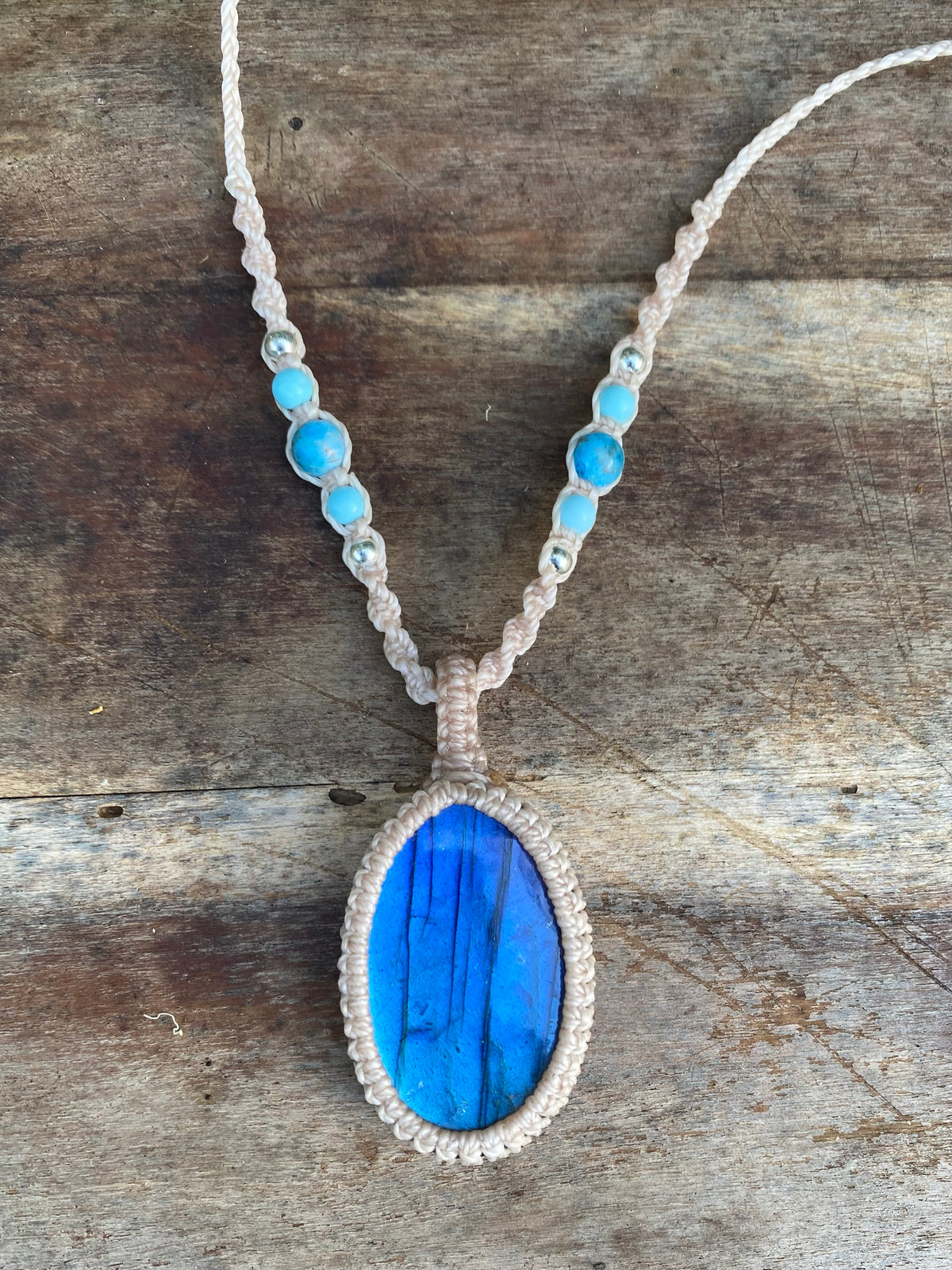 Blue Flash Labradorite Pendant: Beaded Macrame necklace, Adjustable Boho