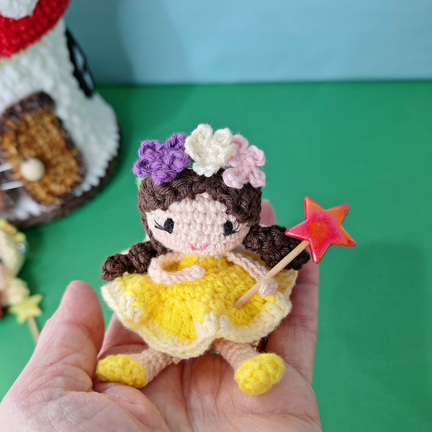 Crocheted Mushroom House Play Set with Two Fairies