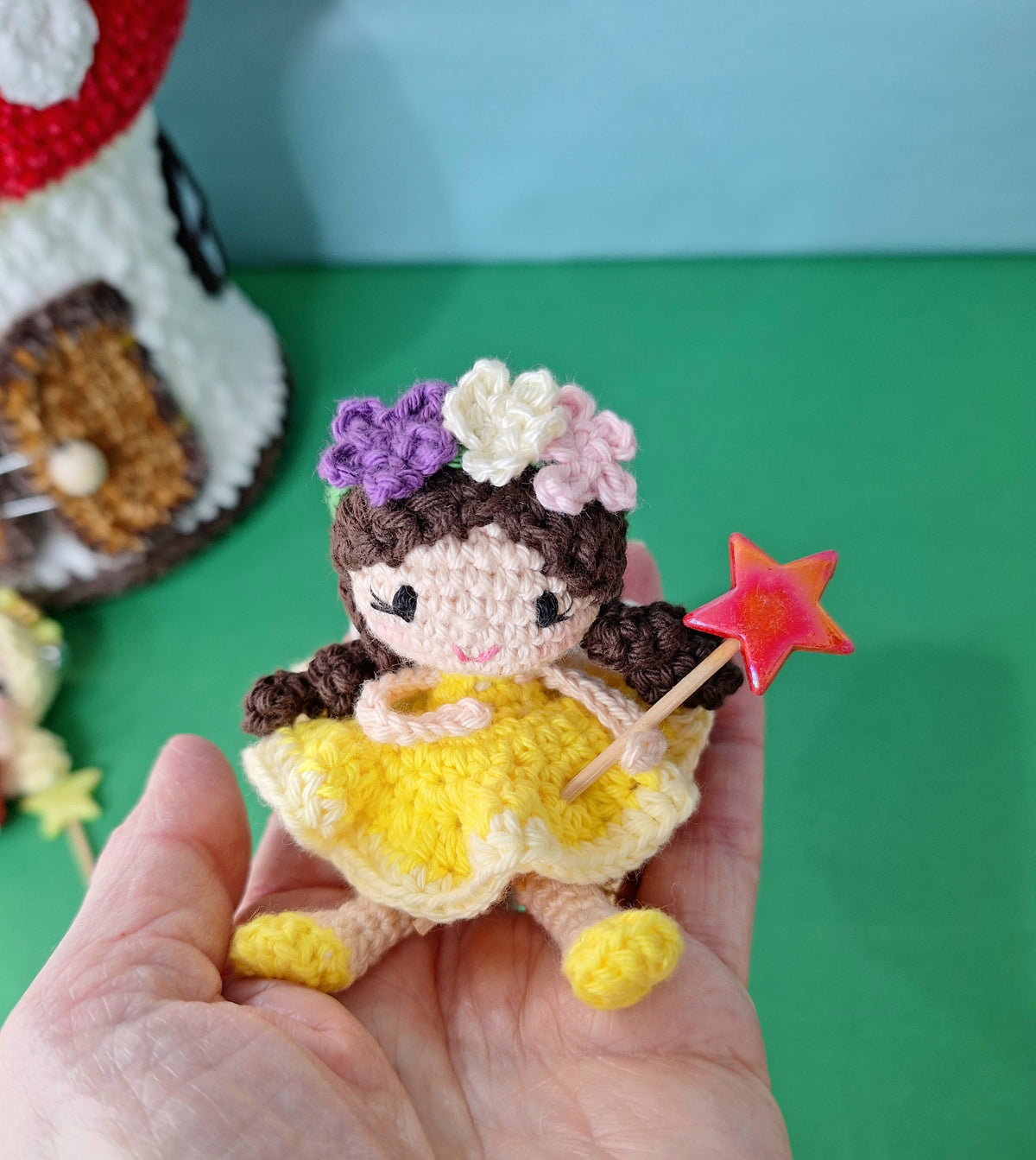 Crocheted Mushroom House Play Set with Two Fairies