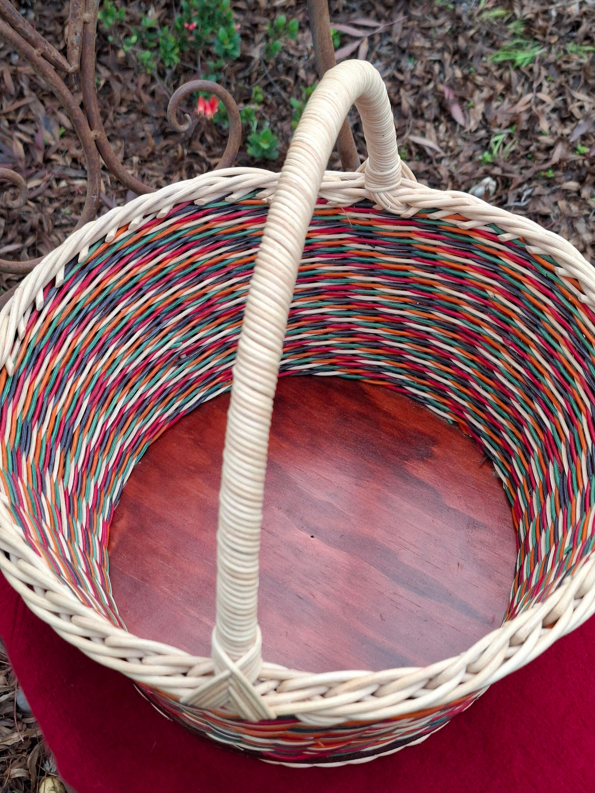 Large Round Market Basket orang, green, black, red, and natural.