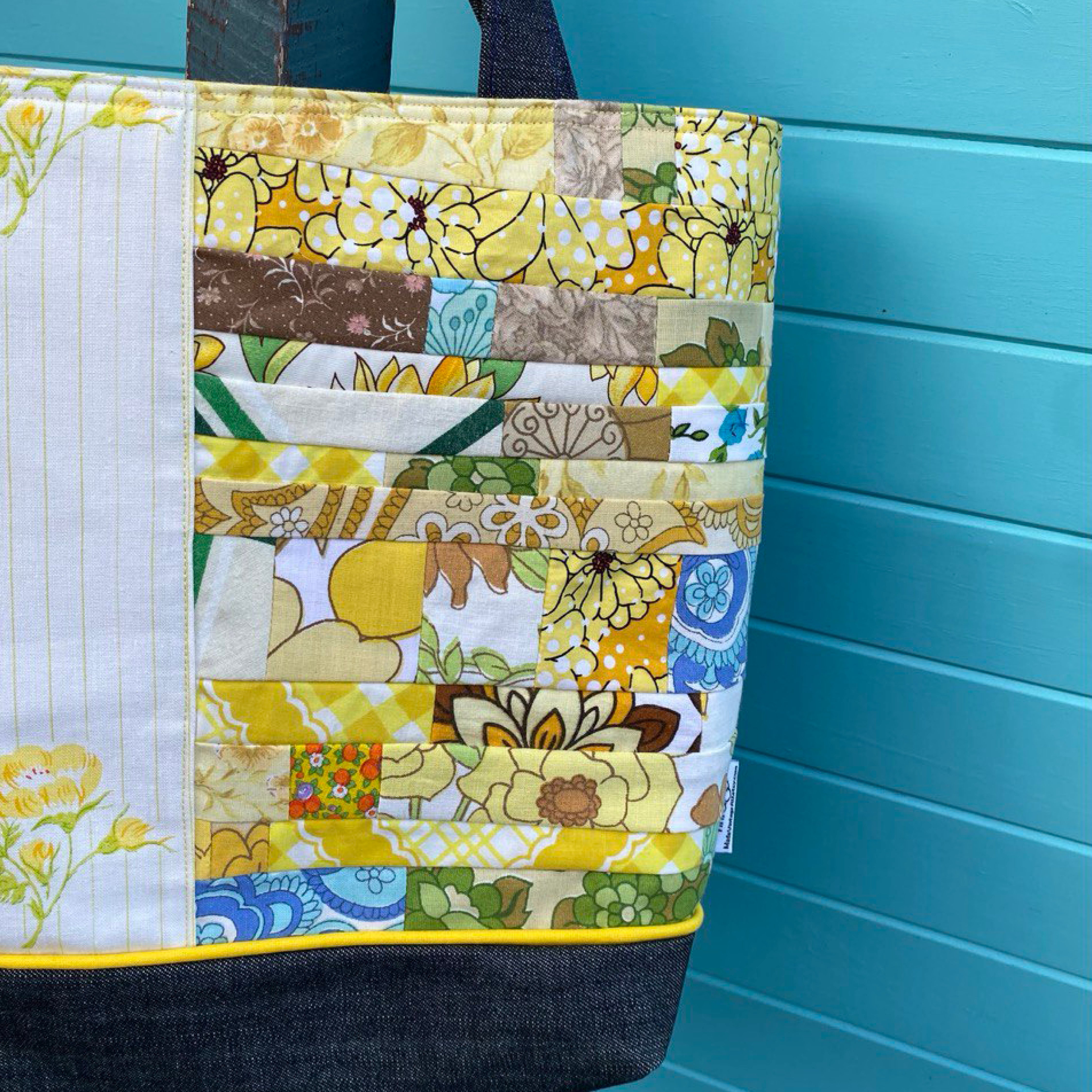Sunshine Stitched Handmade Tote Bag Upcycled Vintage Fabrics & Denim