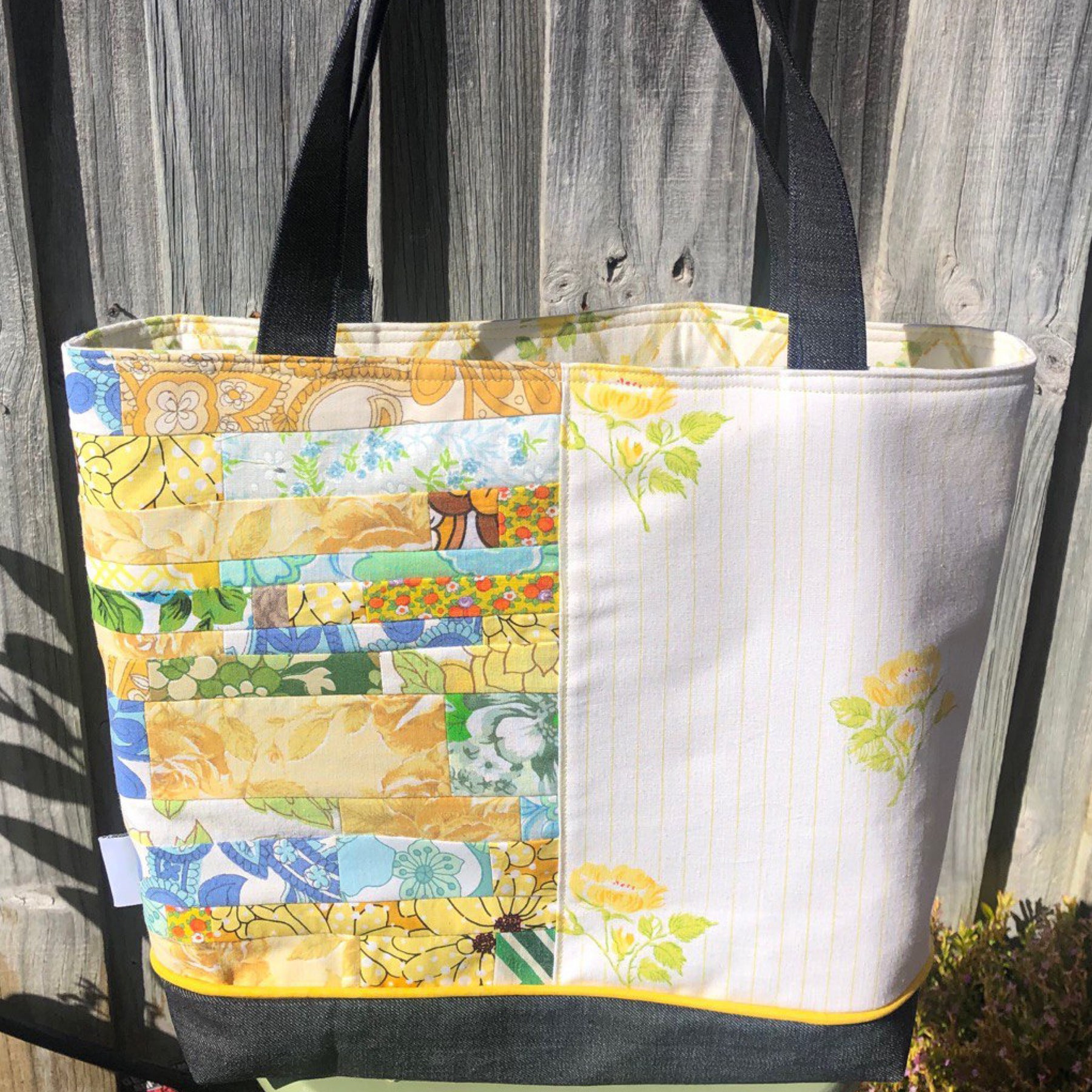 Sunshine Stitched Handmade Tote Bag Upcycled Vintage Fabrics & Denim