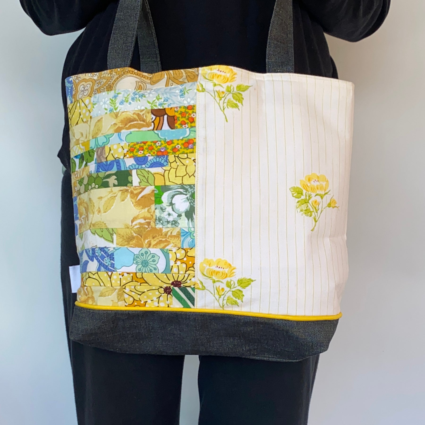 Sunshine Stitched Handmade Tote Bag Upcycled Vintage Fabrics & Denim