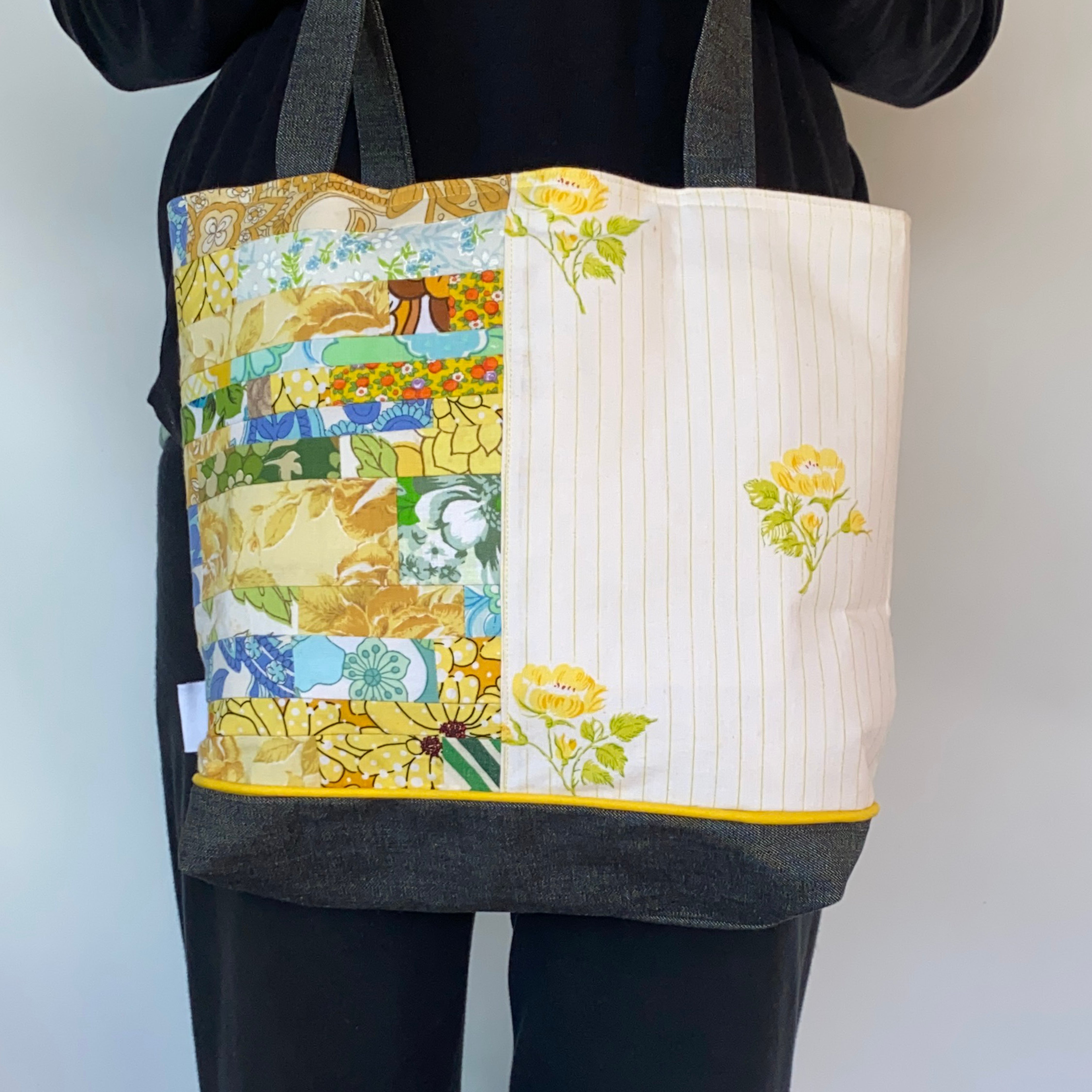 Sunshine Stitched Handmade Tote Bag Upcycled Vintage Fabrics & Denim