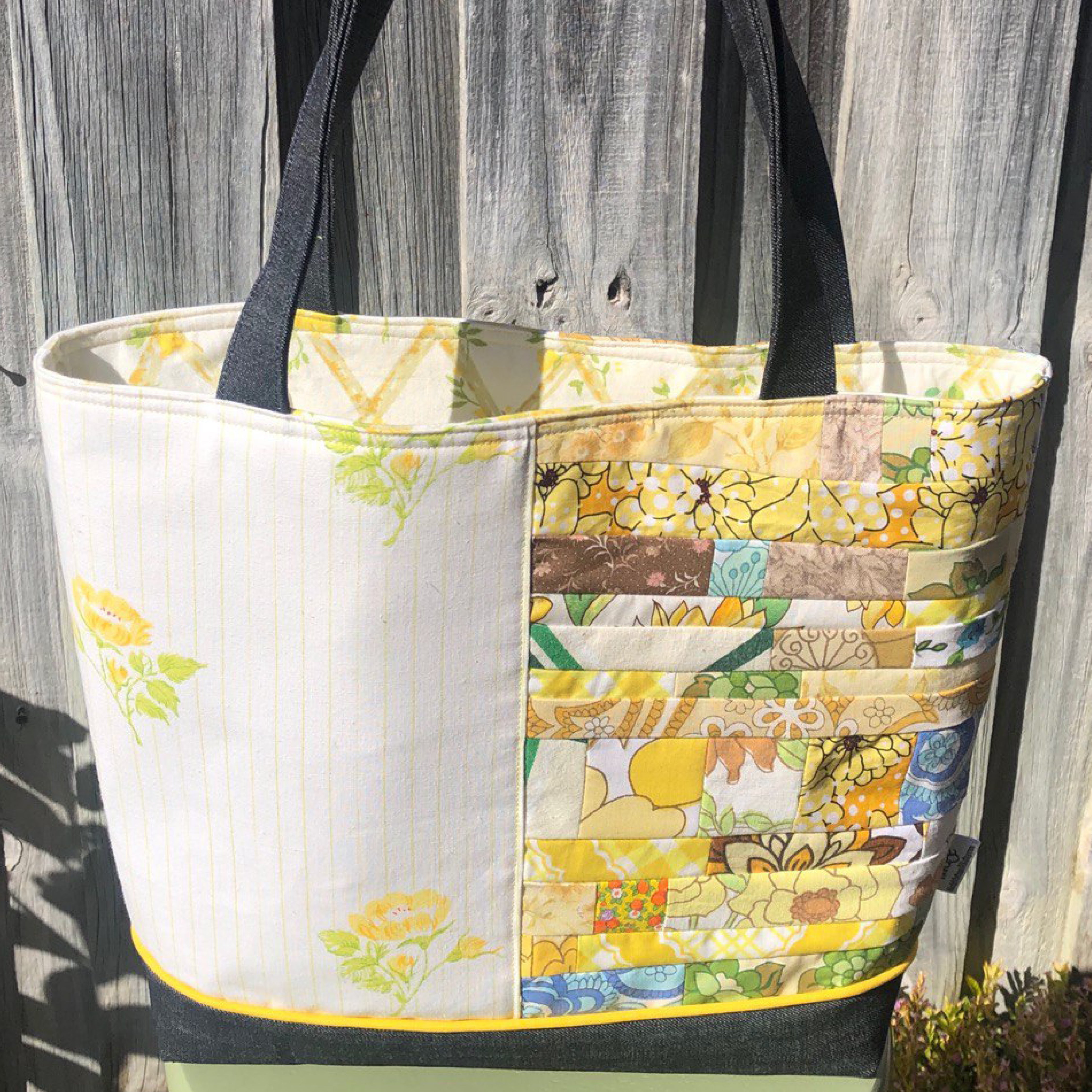 Sunshine Stitched Handmade Tote Bag Upcycled Vintage Fabrics & Denim