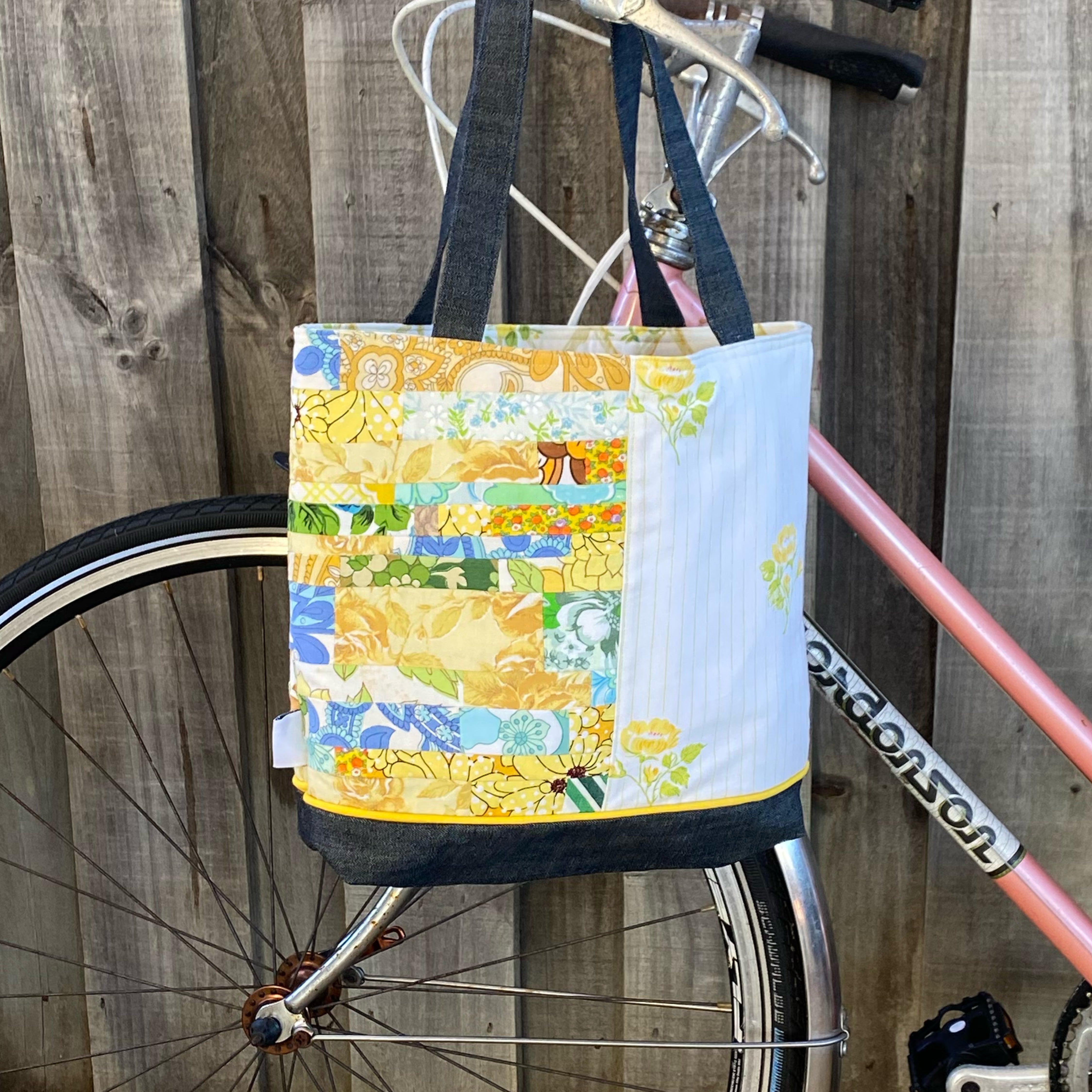 Sunshine Stitched Handmade Tote Bag Upcycled Vintage Fabrics & Denim