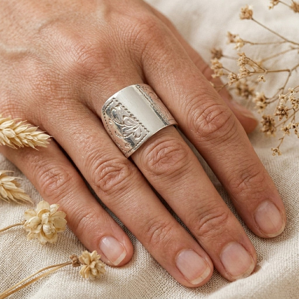 Antique German Etched Spoon Ring, 1890 – 800 Silver Statement Ring Size Q