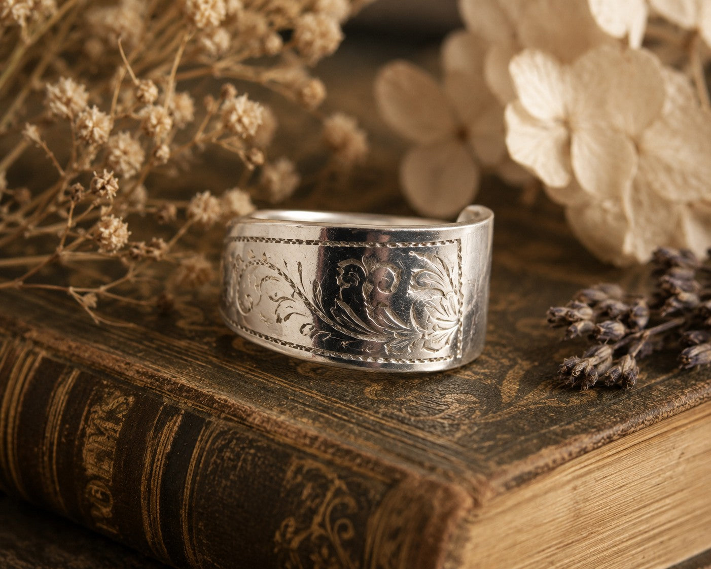 Antique German Etched Spoon Ring, 1890 – 800 Silver Statement Ring Size Q