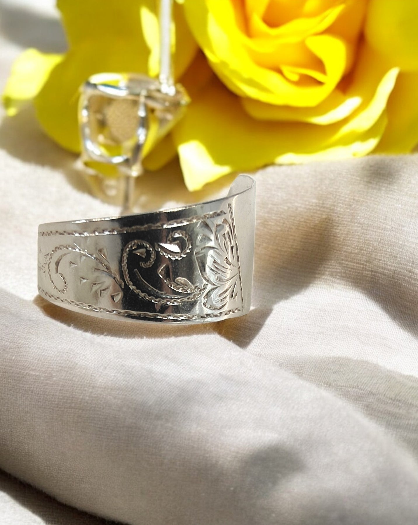 Antique German Etched Spoon Ring, 1890 – 800 Silver Statement Ring Size Q