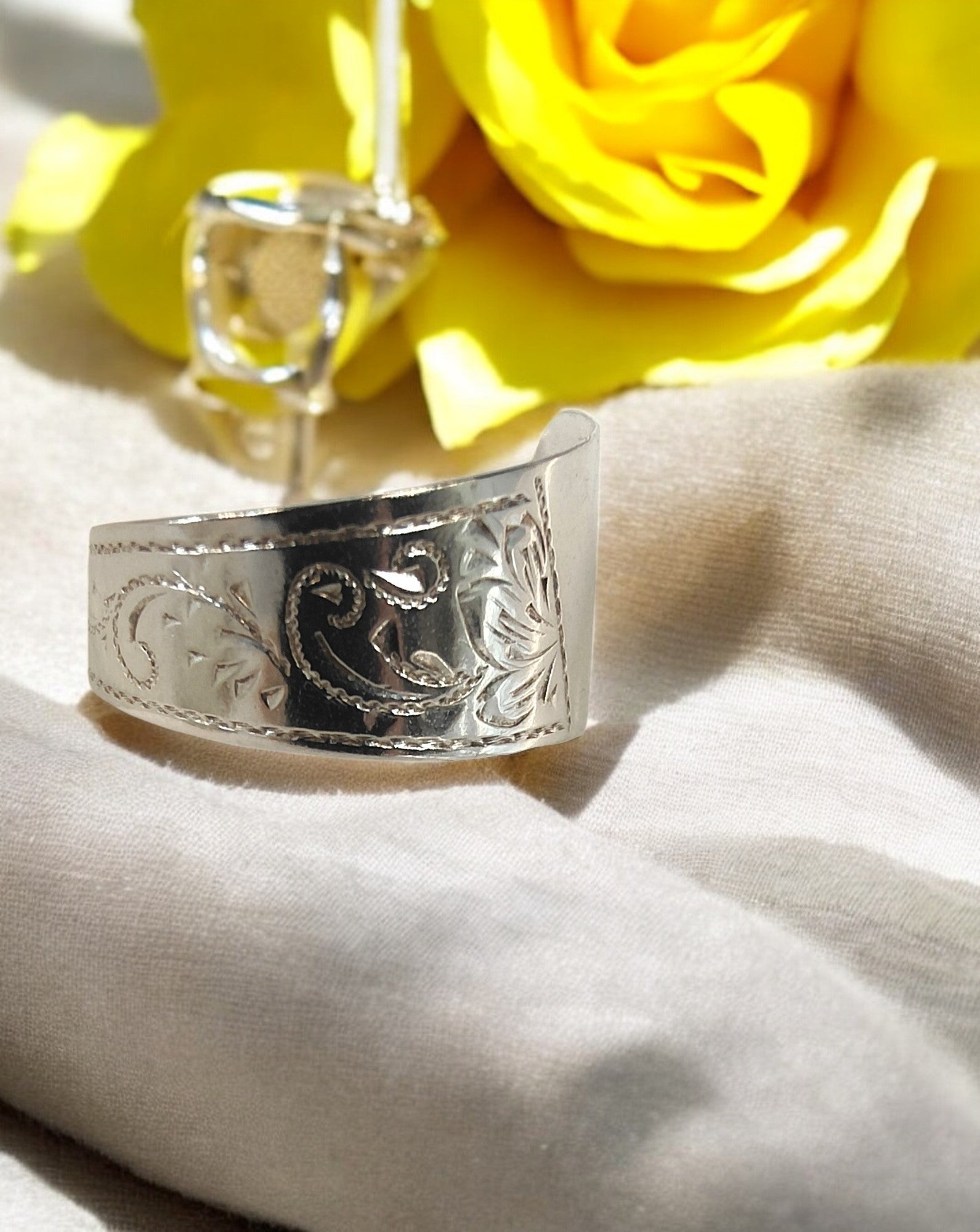 Antique German Etched Spoon Ring, 1890 – 800 Silver Statement Ring Size Q