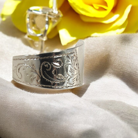 Antique German Etched Spoon Ring, 1890 – 800 Silver Statement Ring Size Q