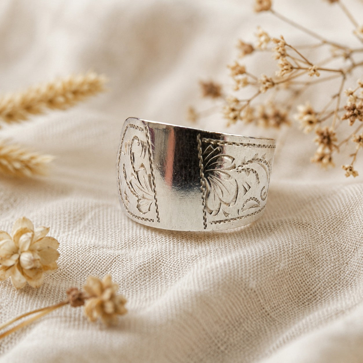 Antique German Etched Spoon Ring, 1890 – 800 Silver Statement Ring Size Q