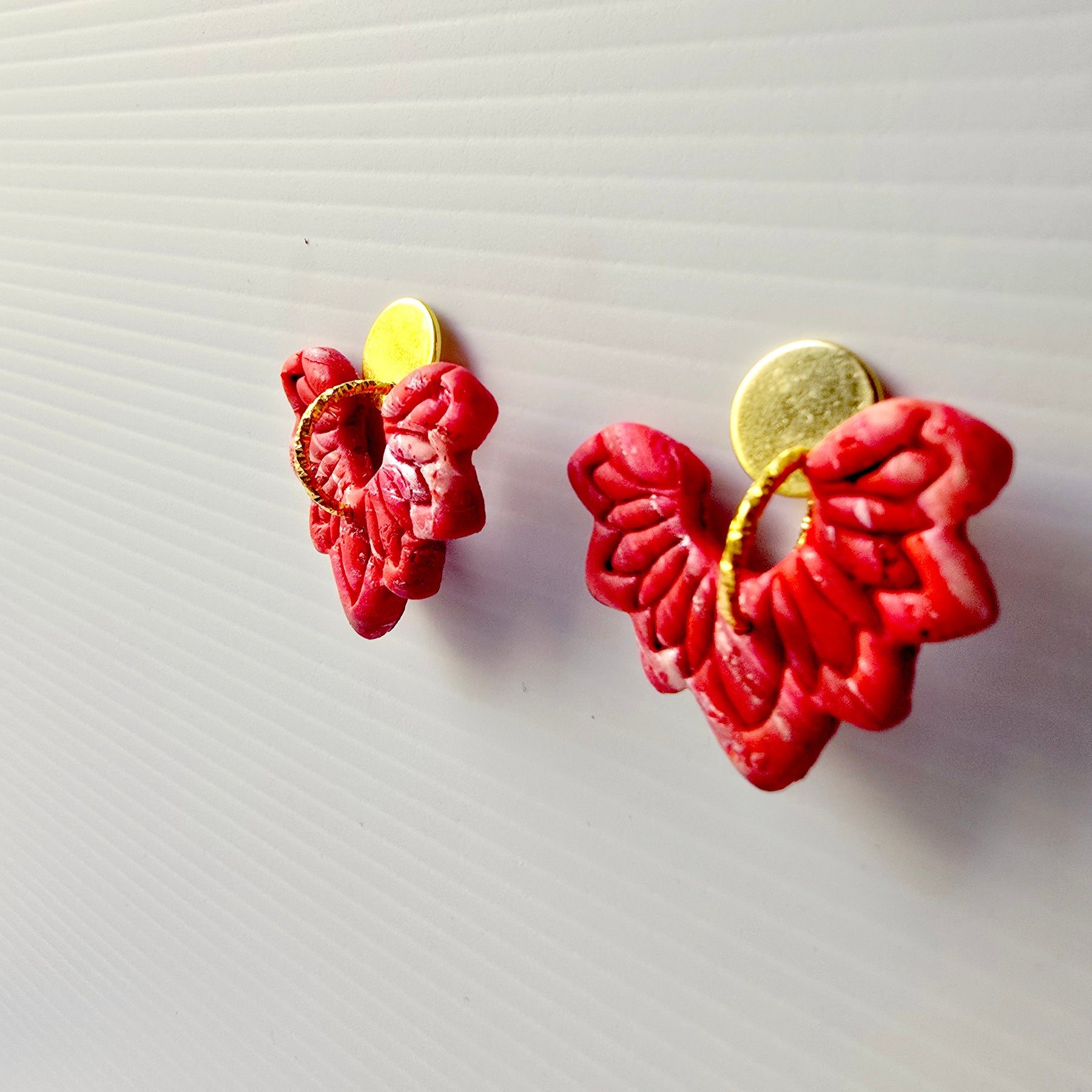 Red Marbled Floral 9k Gold Plated Earrings