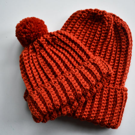 Mini & Me Beanie Duo Adult and Toddler Crochet Hat Set Rust Colour
