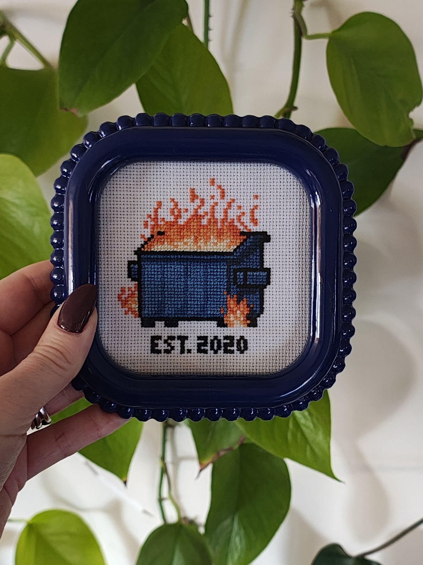 "Dumpster fire" framed cross stitch