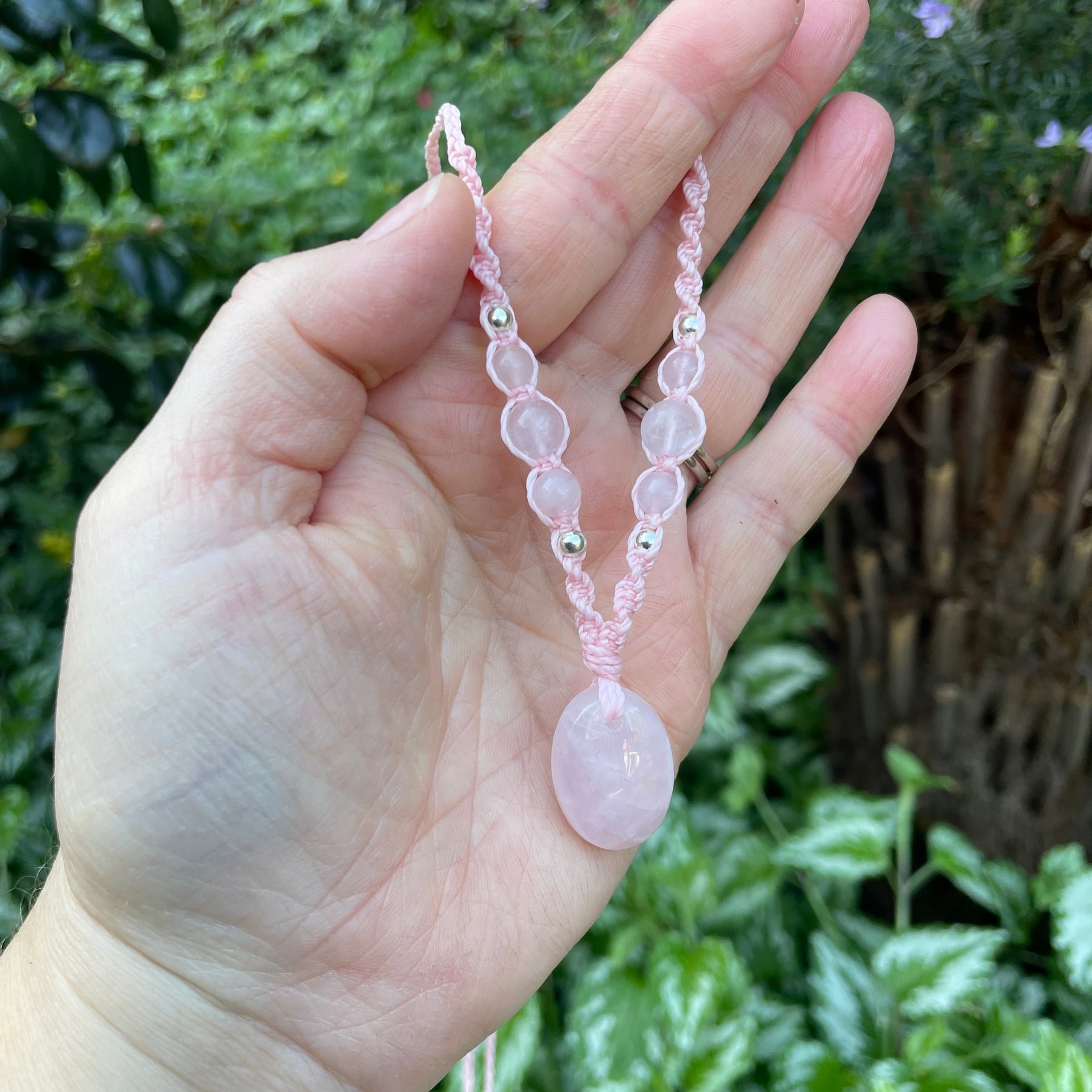 Rose Quartz Pendant, oval shape, beaded necklace adjustable