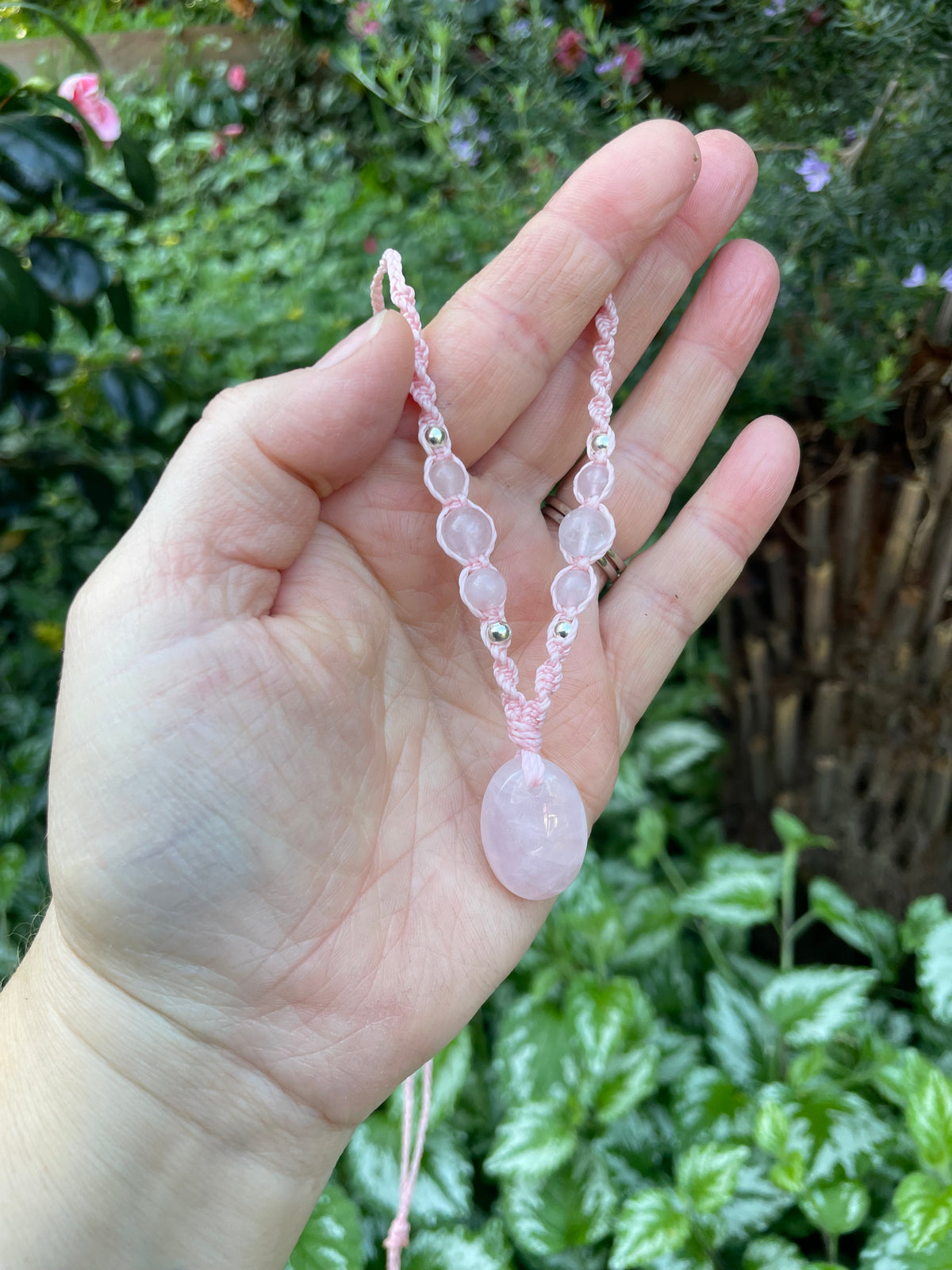 Rose Quartz Pendant, oval shape, beaded necklace adjustable