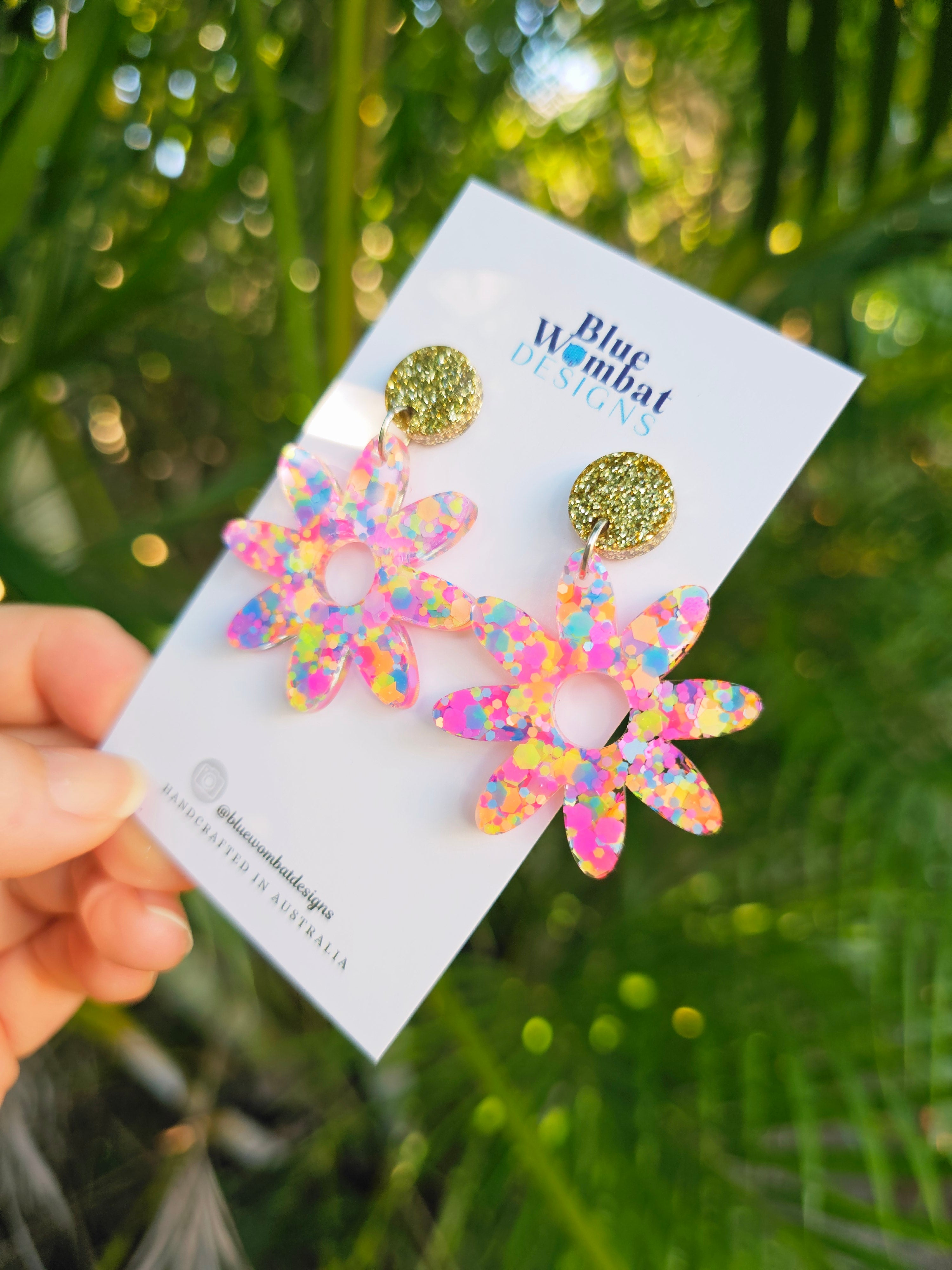 Flower Dangles Colourful Glitter Resin Statement Earrings