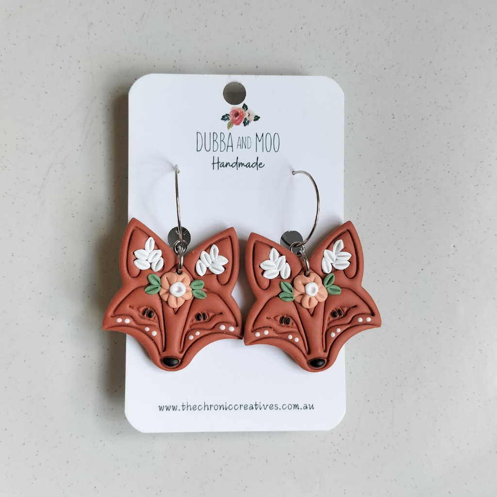 Floral Folk Foxes Polymer Clay Hoop Earrings