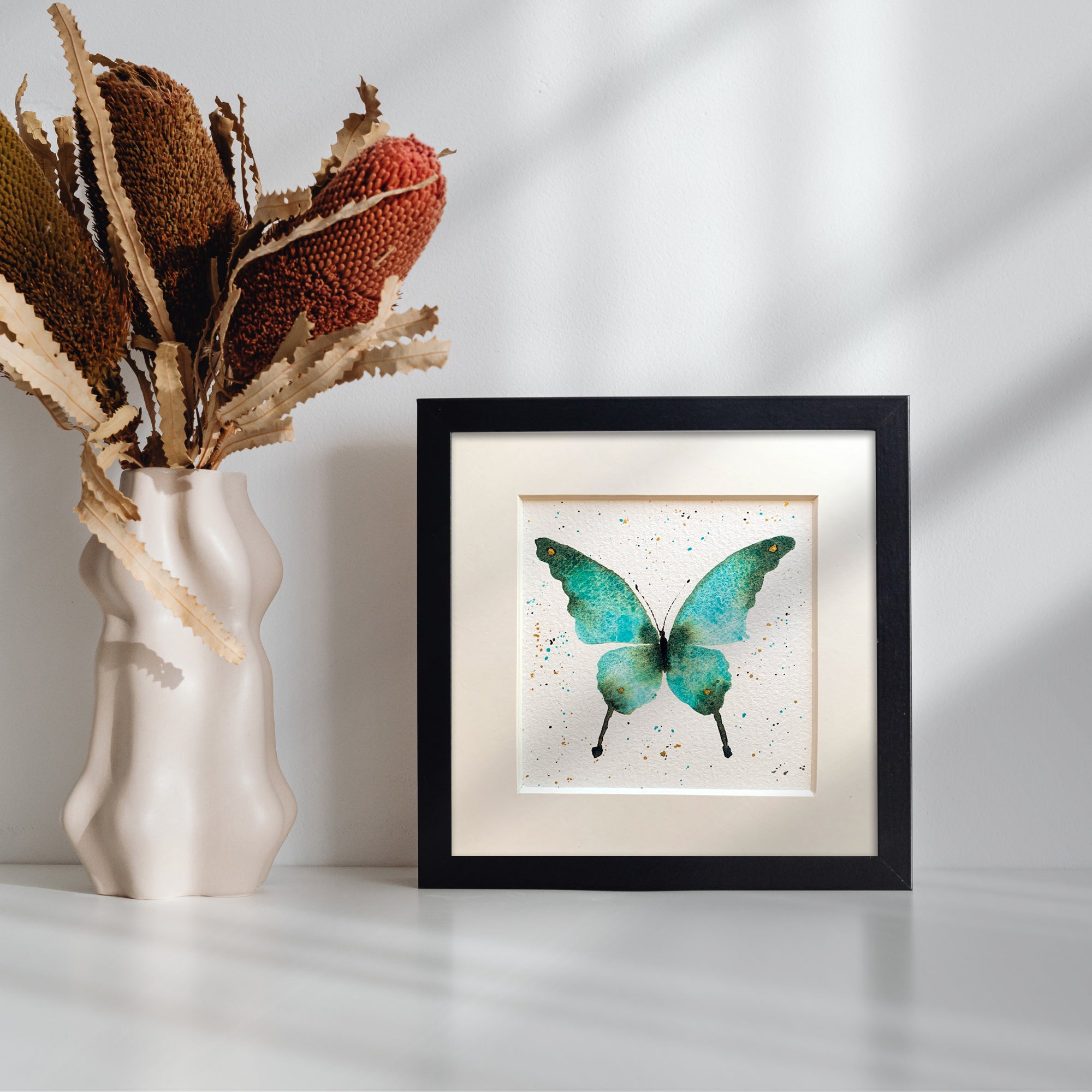 Original Hand-painted Watercolour Artwork - "Teal Blue Butterfly" - 6x6"