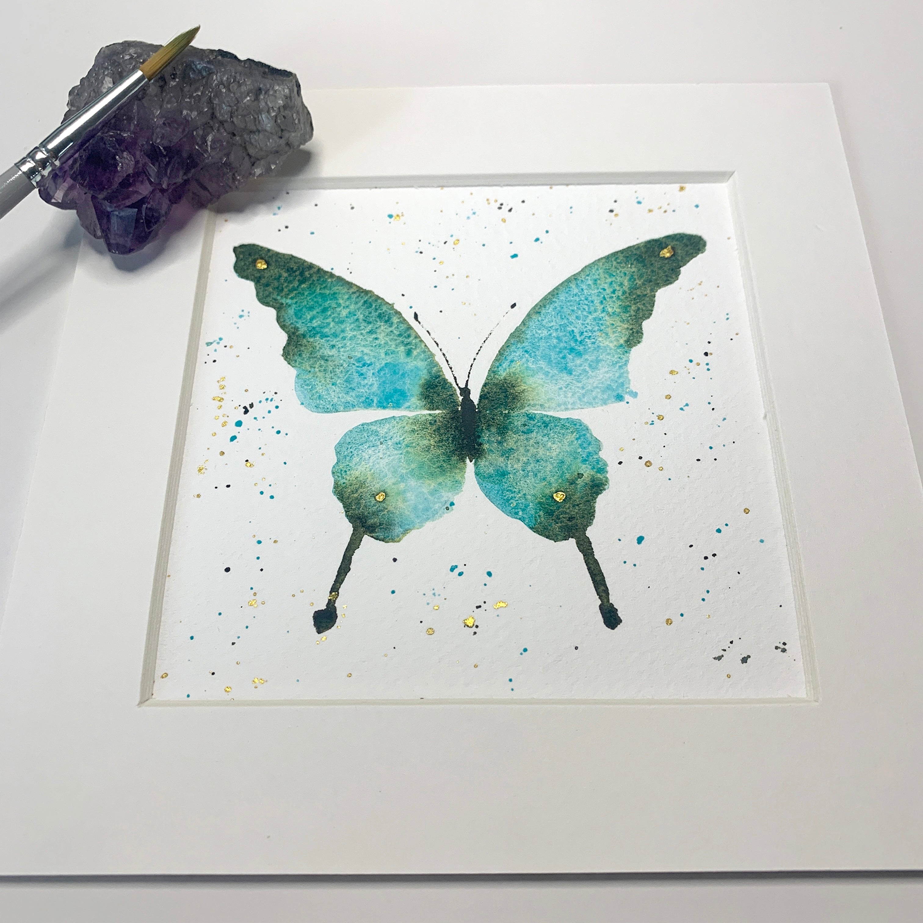 Original Hand-painted Watercolour Artwork - "Teal Blue Butterfly" - 6x6"