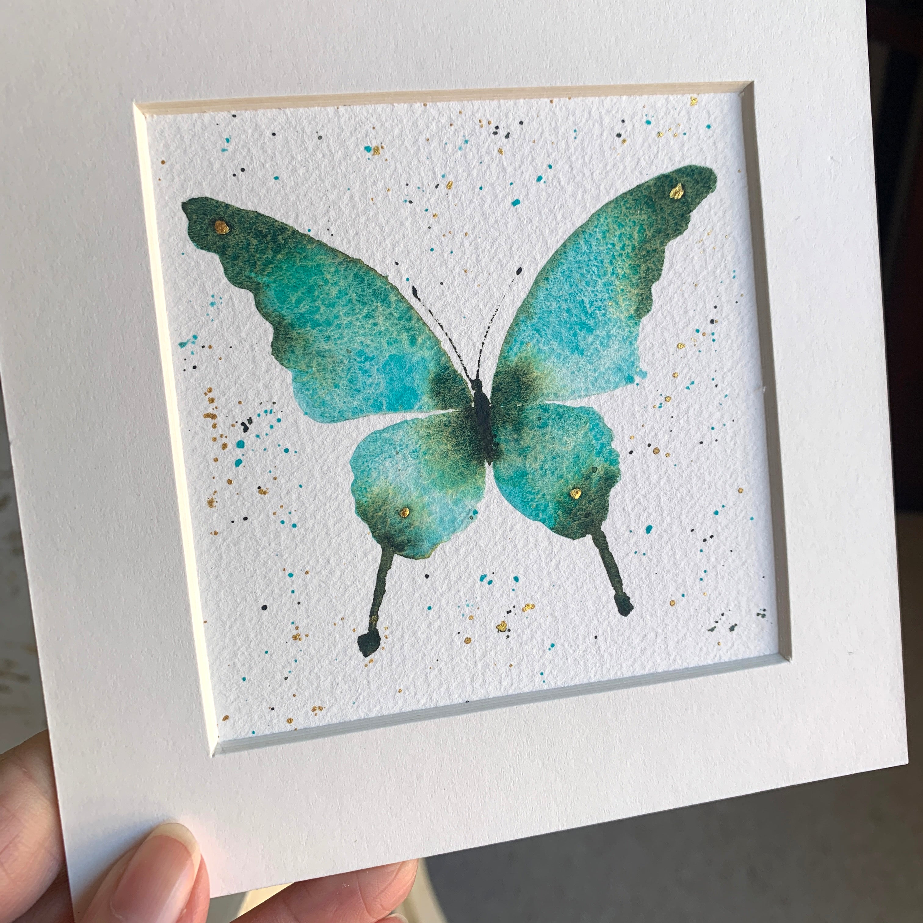 Original Hand-painted Watercolour Artwork - "Teal Blue Butterfly" - 6x6"
