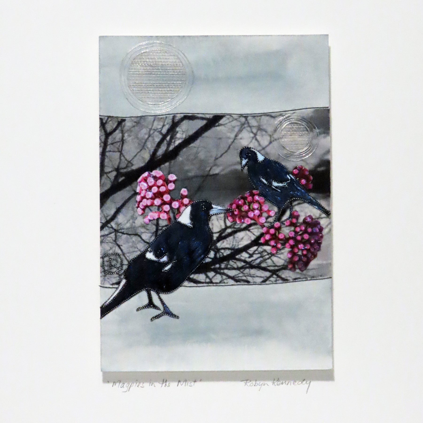 Unframed Collage Art - Magpies & Pink Flowers