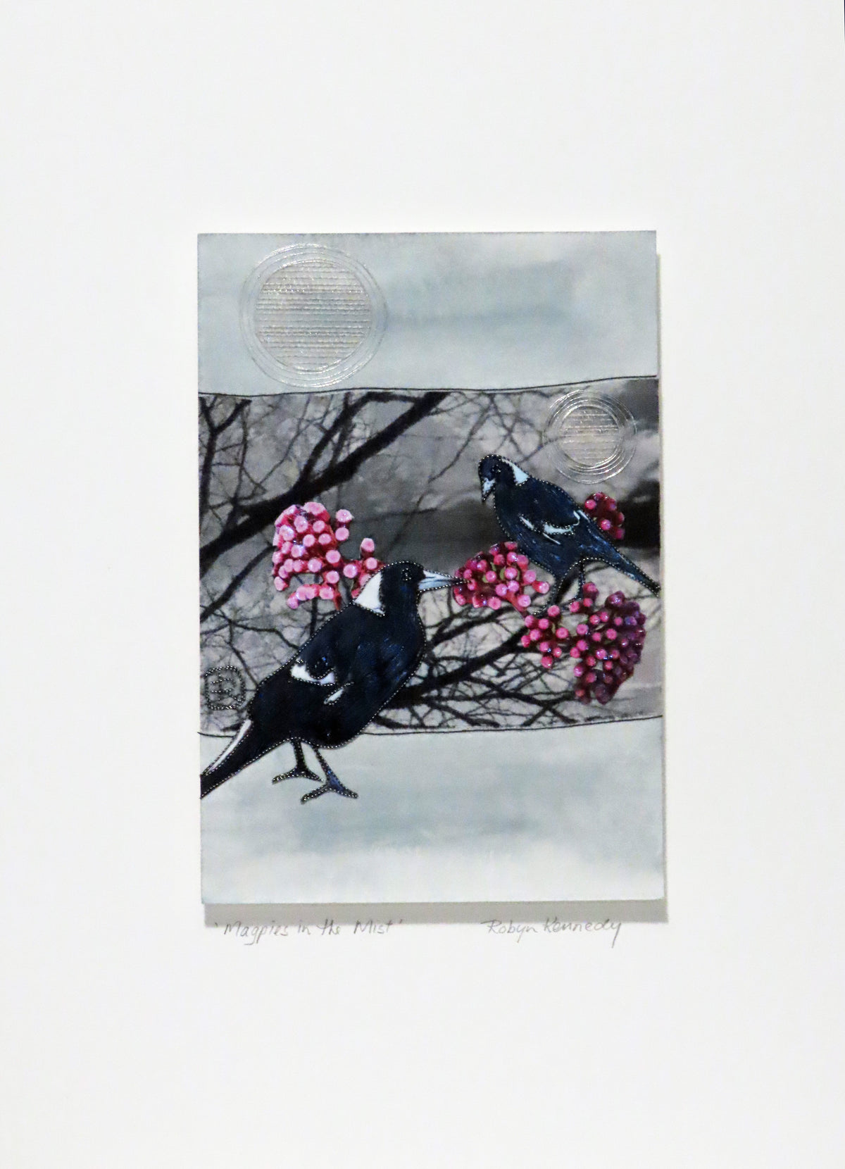 Unframed Collage Art - Magpies & Pink Flowers