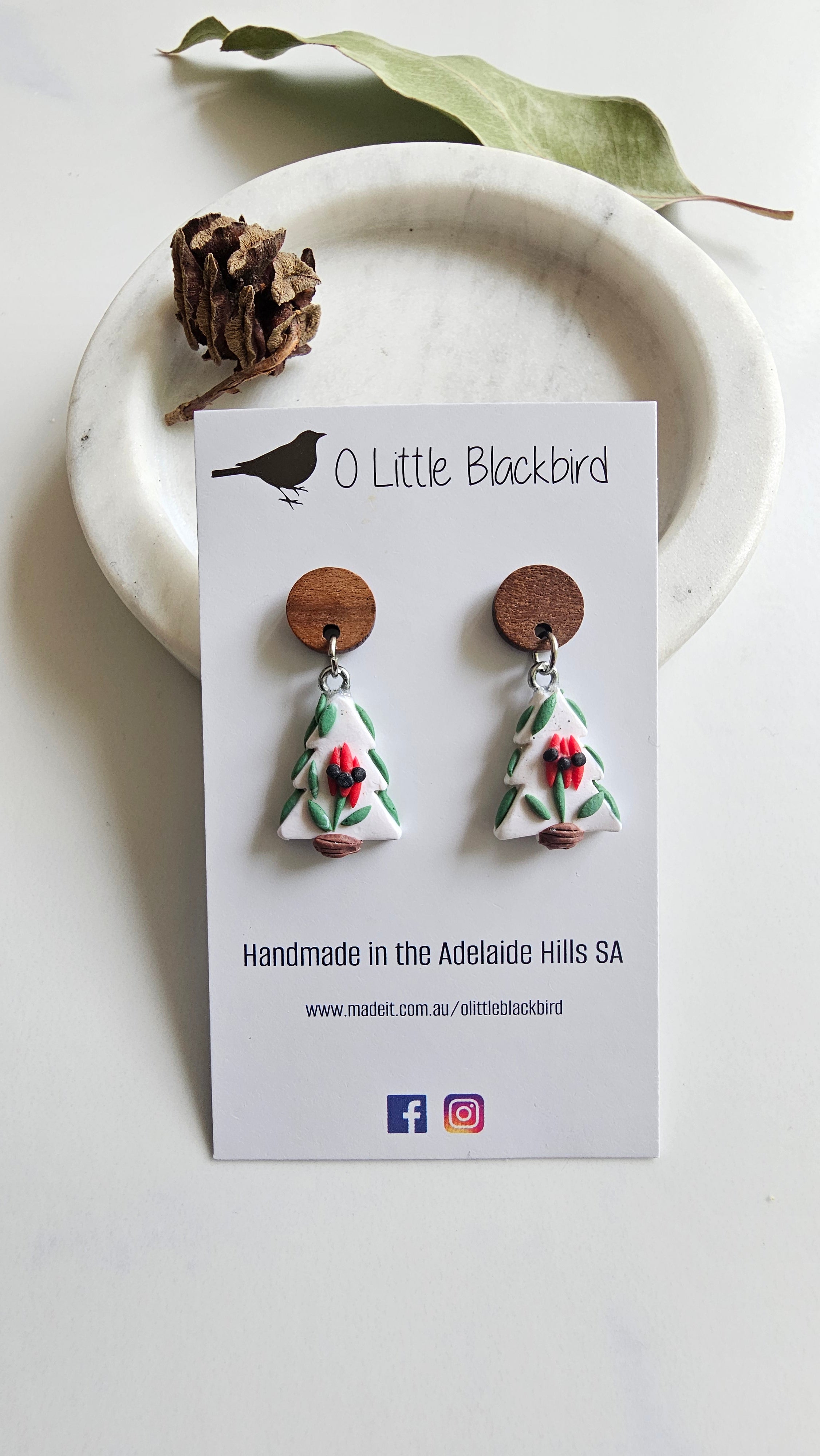 Australiana Christmas Tree Earrings, Sturt Pea ,Handmade Polymer Clay Jewelry.