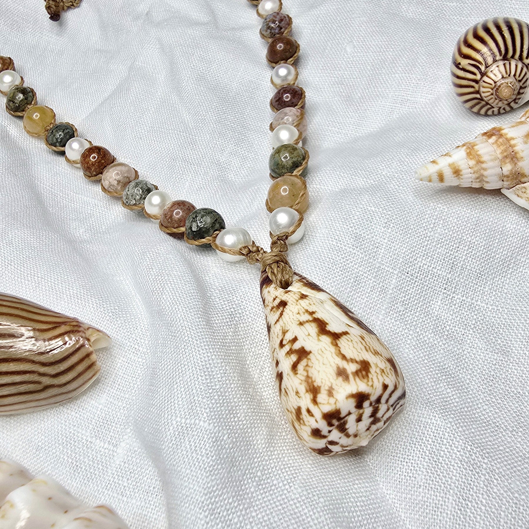 Cone Shell with Rare Ocean Agate & Pearl Necklace