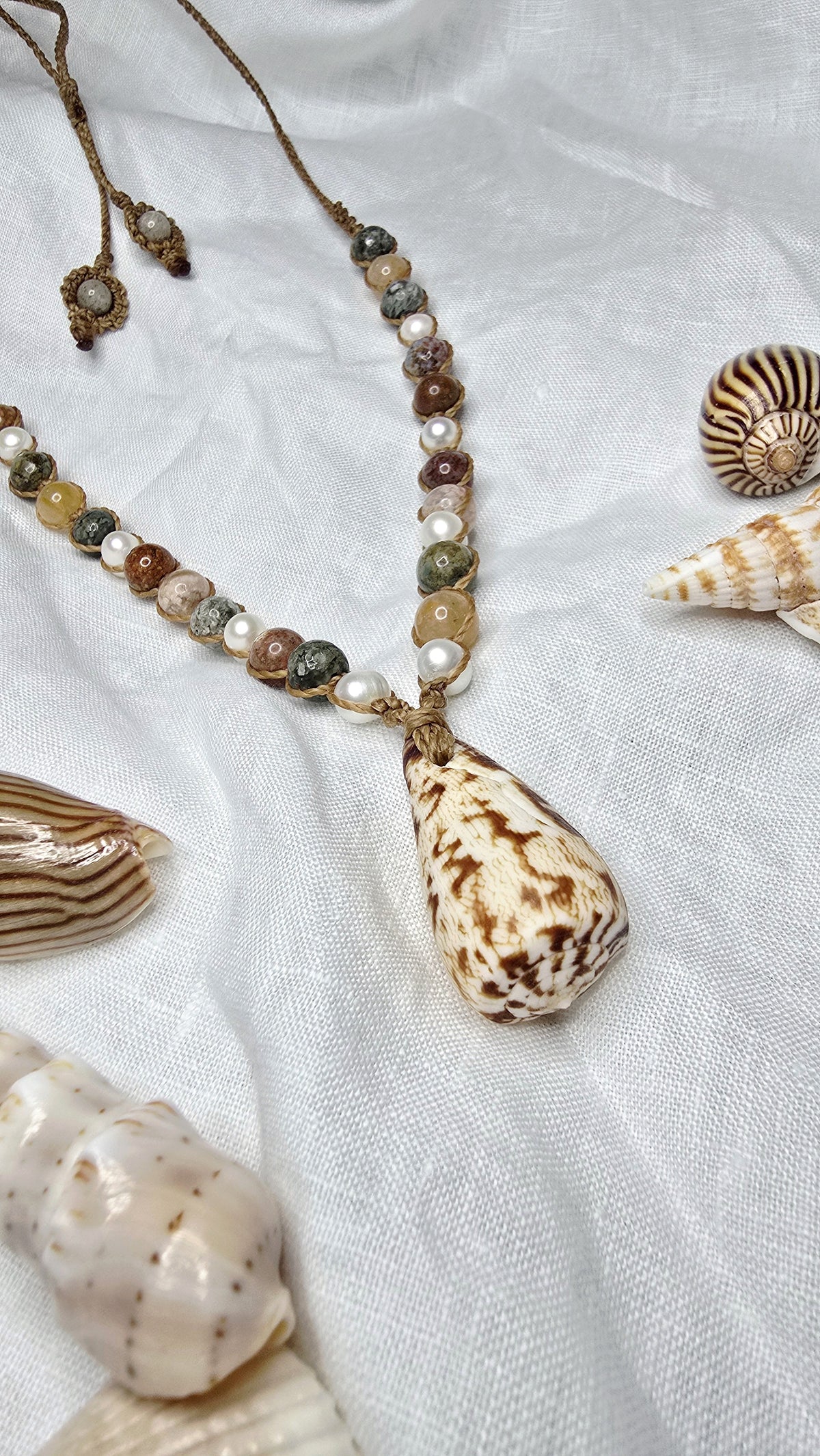 Cone Shell with Rare Ocean Agate & Pearl Necklace